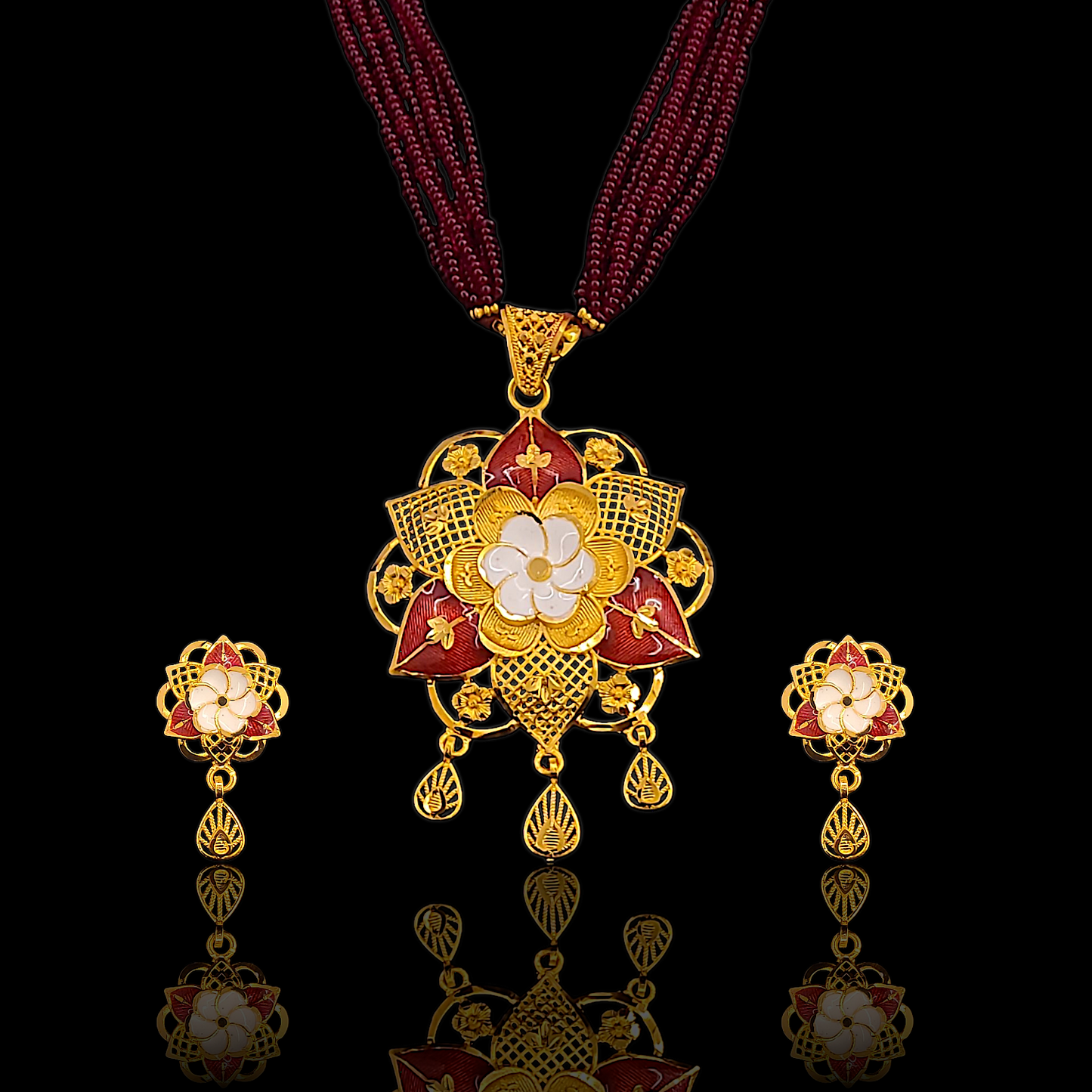 Red Minakari Flower Locket Set