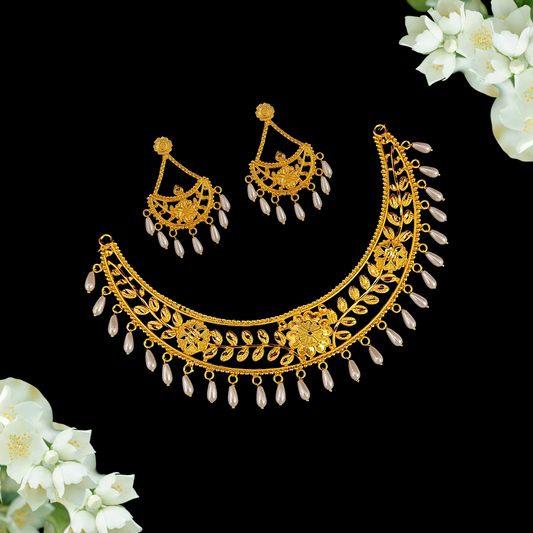 Flower Necklace Set With Rice Pearl - My Golden Wish