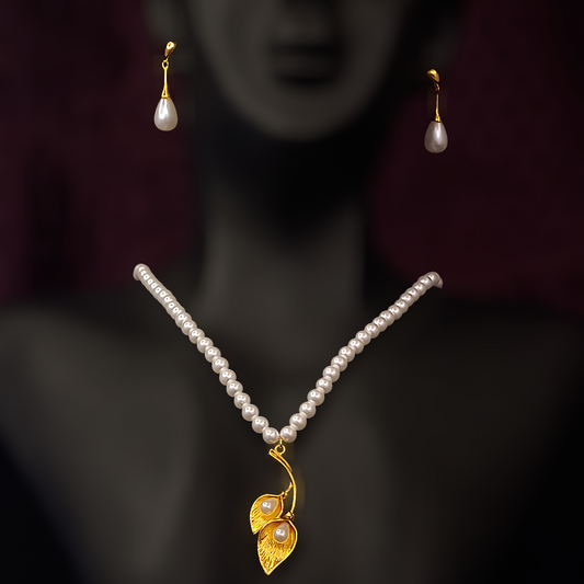 Dual Leaf Pearl Necklace Set