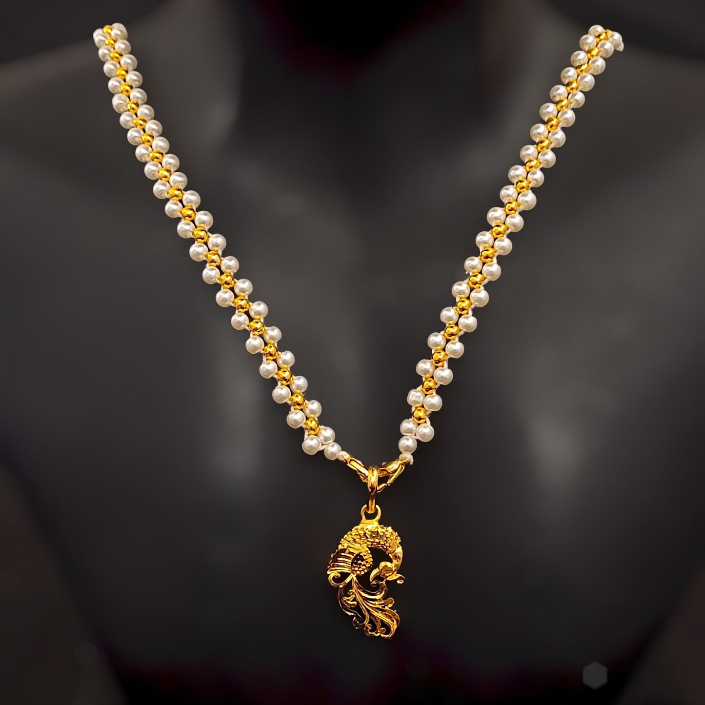 Curve Peacock Locket With Pearl Chain