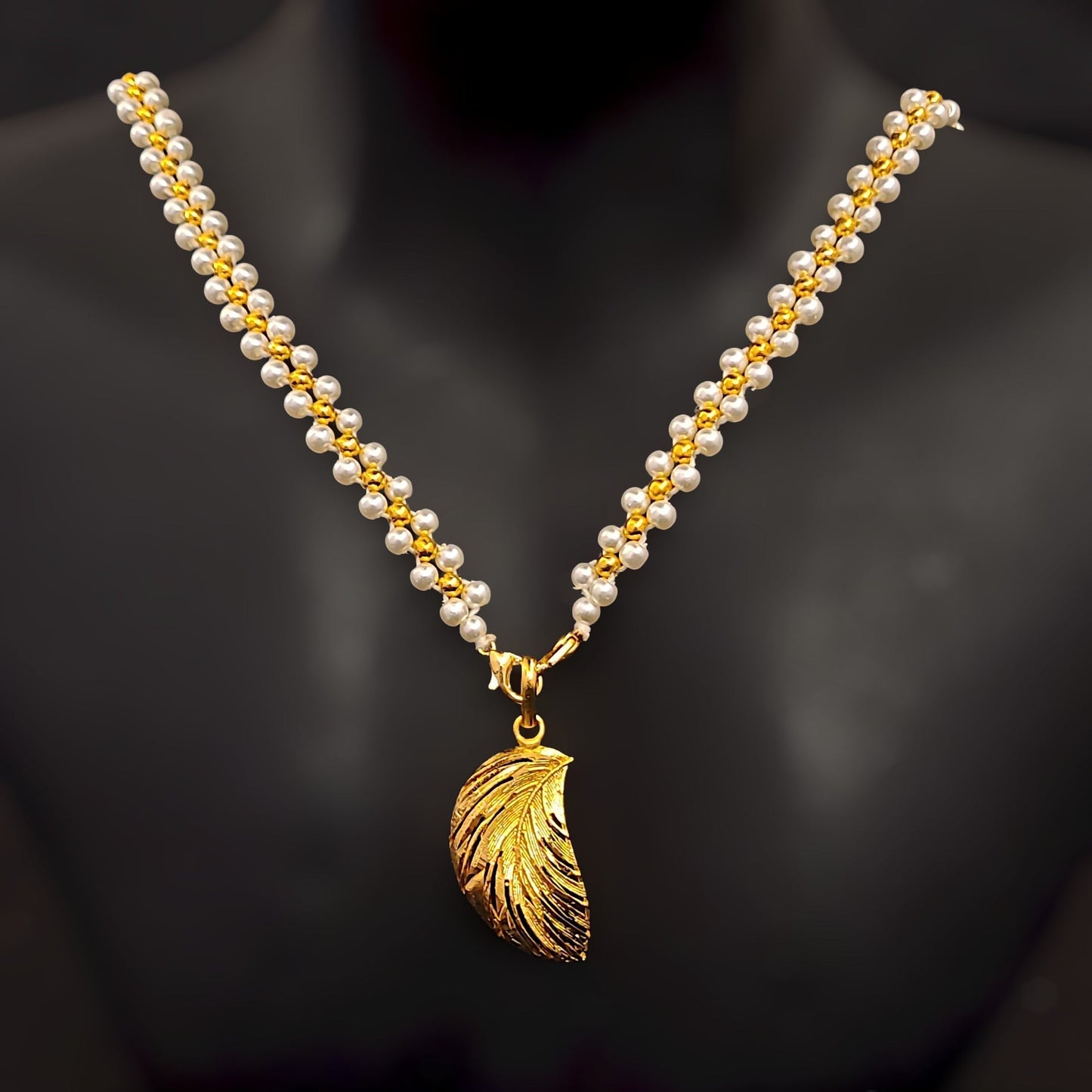 Half Leaf Locket With Pearl Chain