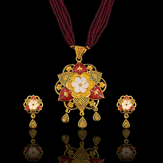 Red Minakari Flower Locket Set