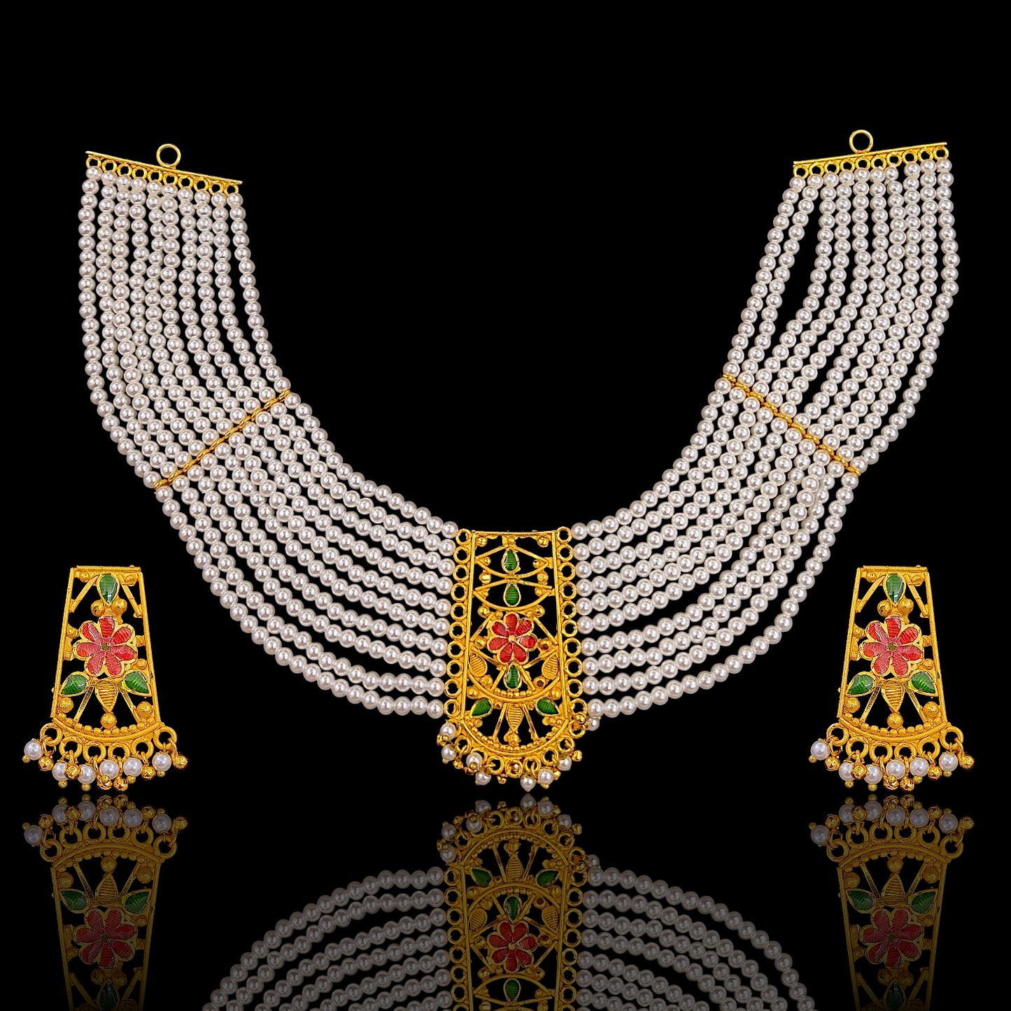 Ten Line Broad Pearl Necklace Set