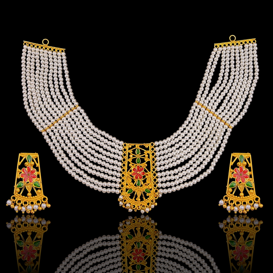 Ten Line Broad Pearl Necklace Set